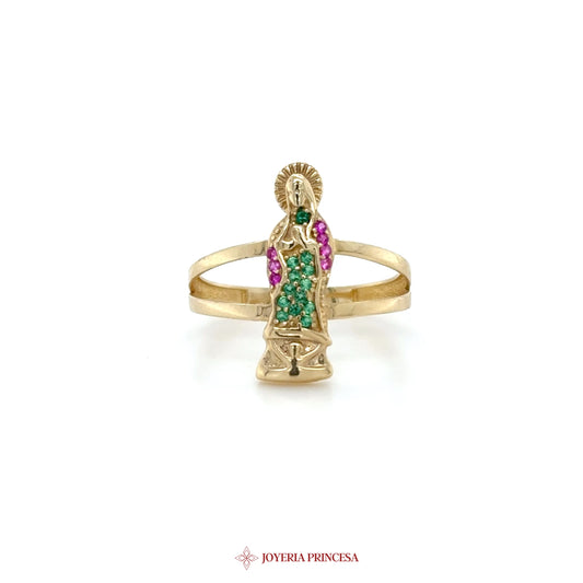 14K Gold Virgin Mary Motif Ring with Colorful Stones