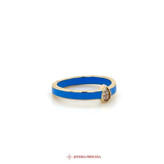 14K Gold and Blue Enamel Dangle Ring with Simulated Diamond