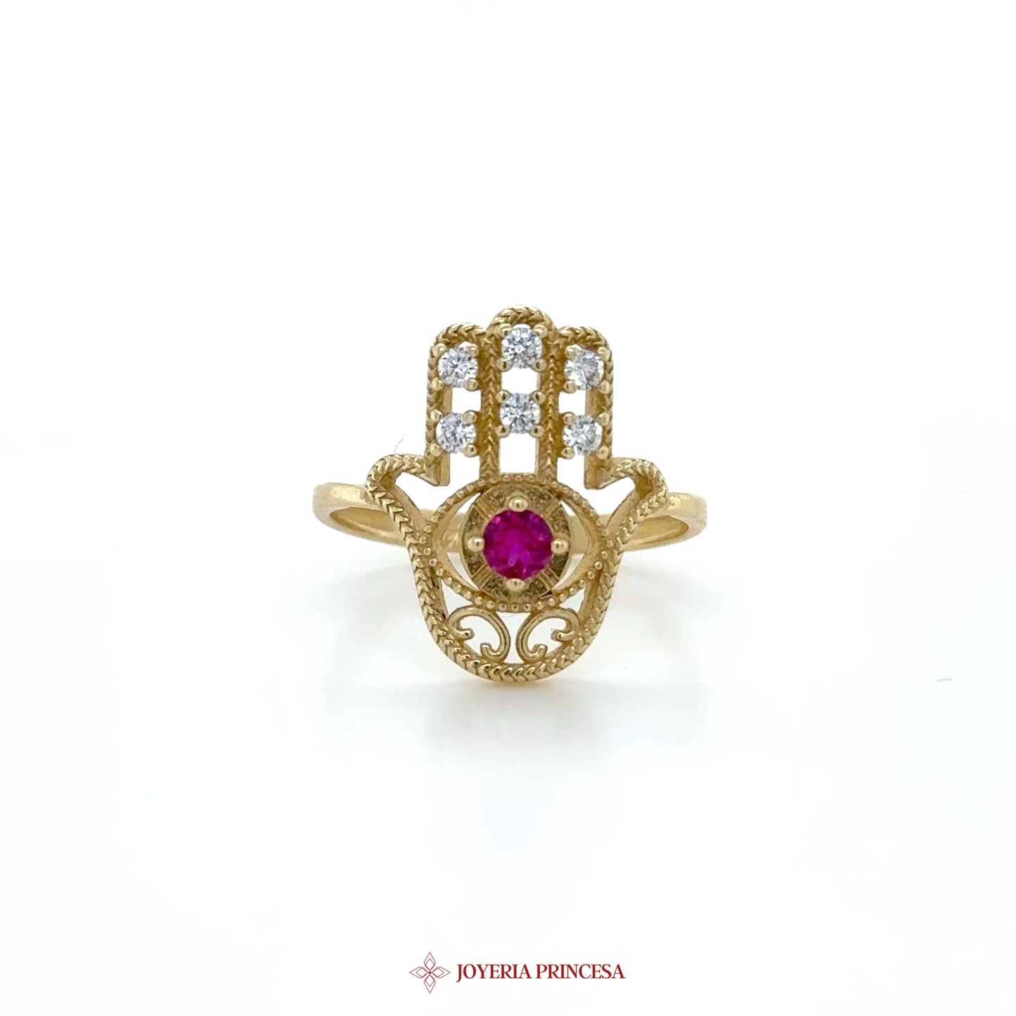 14K Gold Hamsa Hand Ring with Ruby and CZ Stones