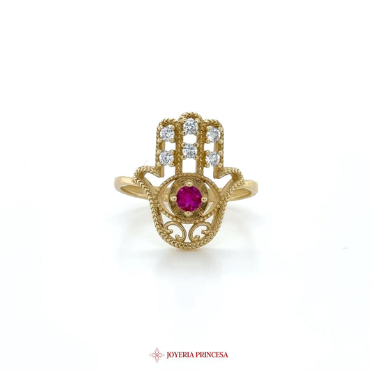 14K Gold Hamsa Hand Ring with Ruby and CZ Stones