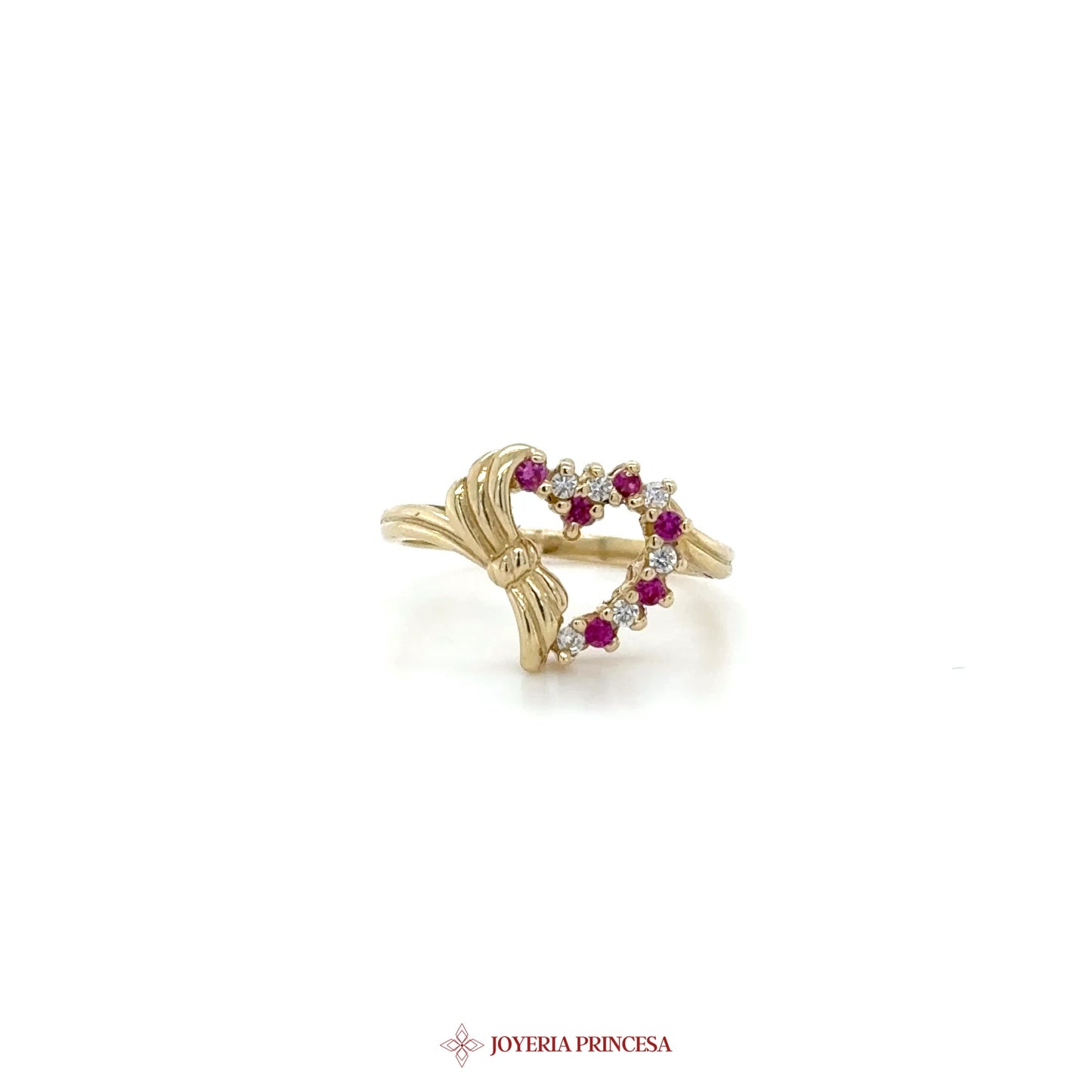 14K Gold Heart-Shaped Ring with Simulated Rubies