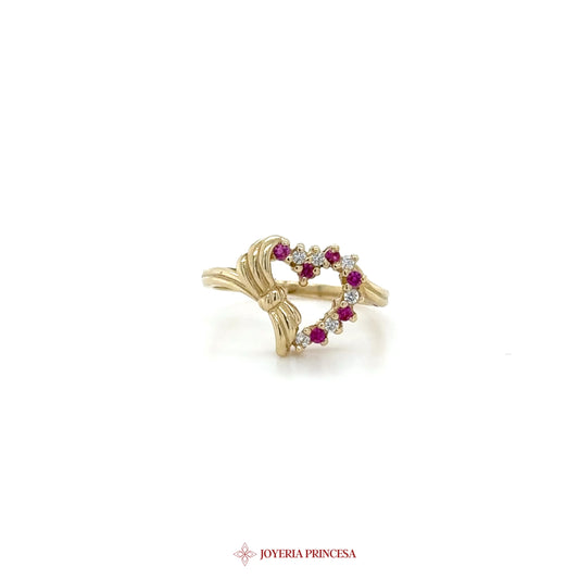 14K Gold Heart-Shaped Ring with Simulated Rubies