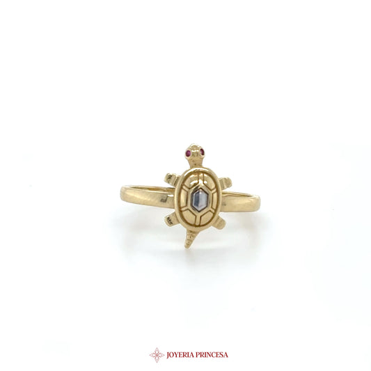 14K Gold Turtle Motif Ring with Simulated Stone