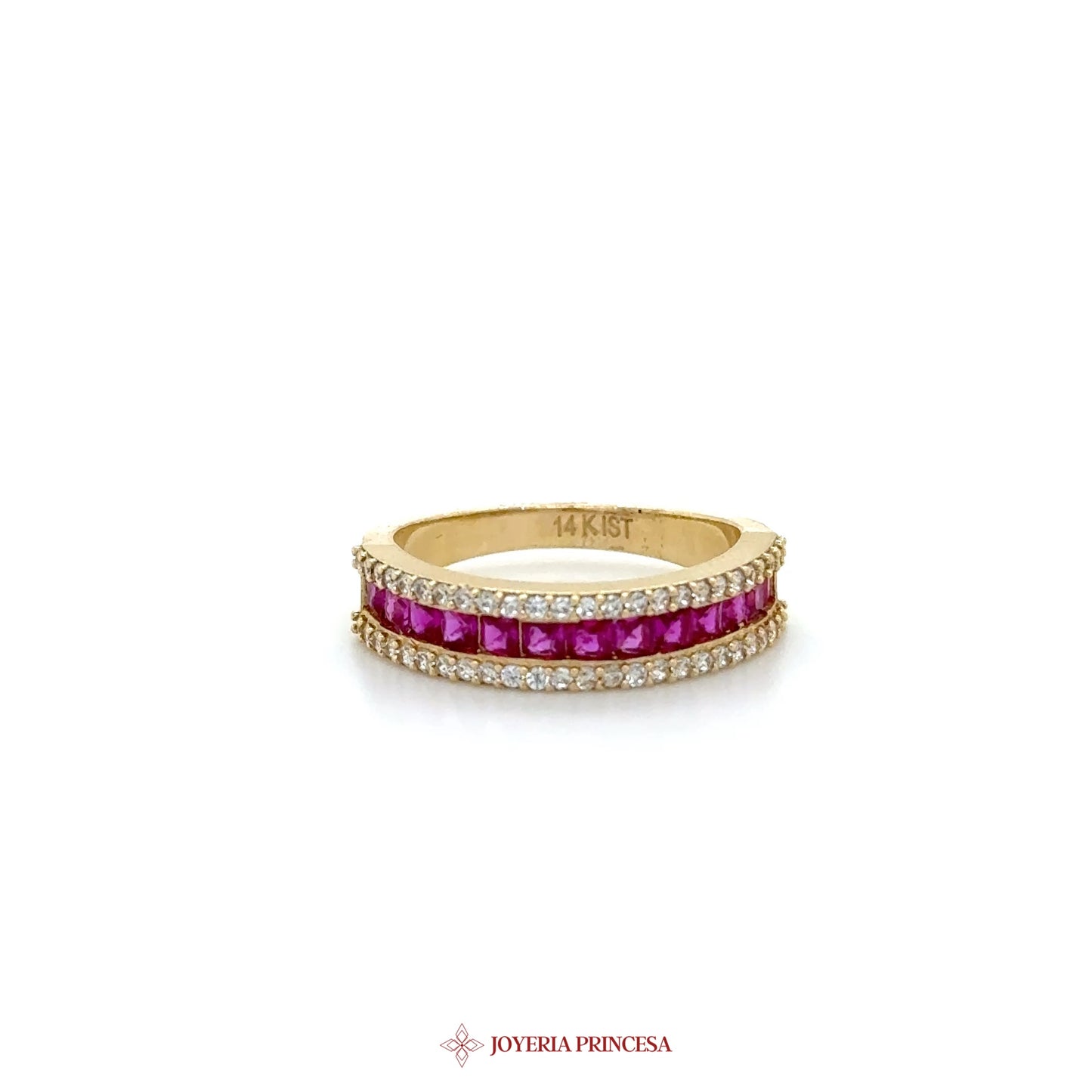 14K Gold Double Row Ruby and CZ Band Ring
