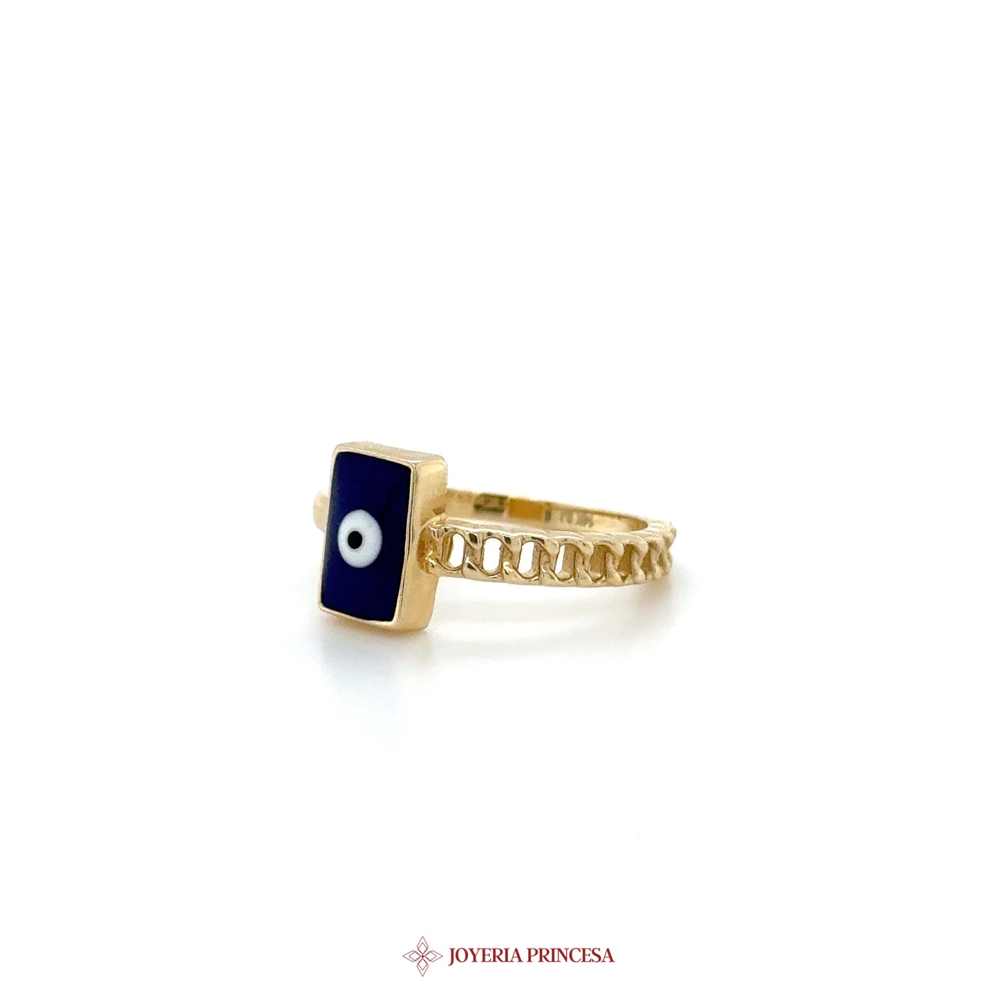 14K Gold Evil Eye Rectangle Ring with Blue Enamel