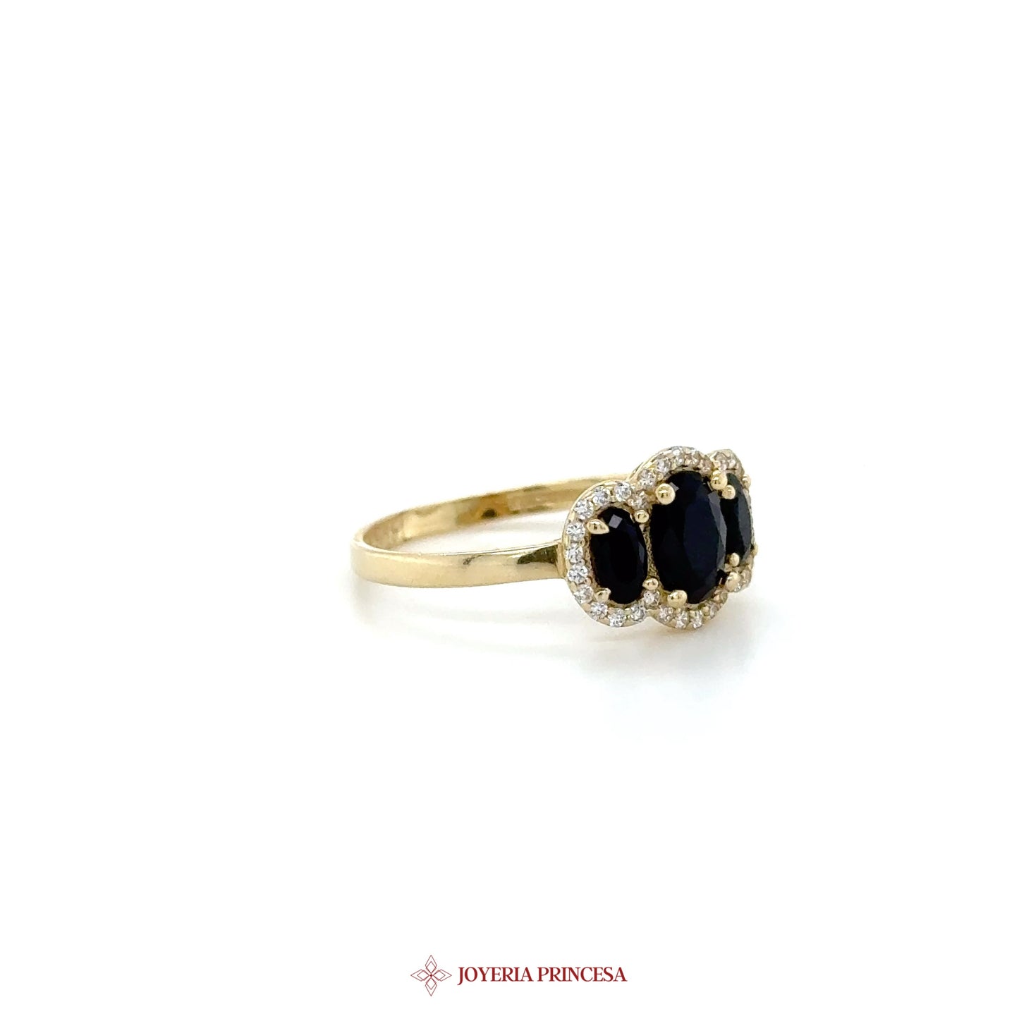 14K Gold Triple Oval Black Stone Ring