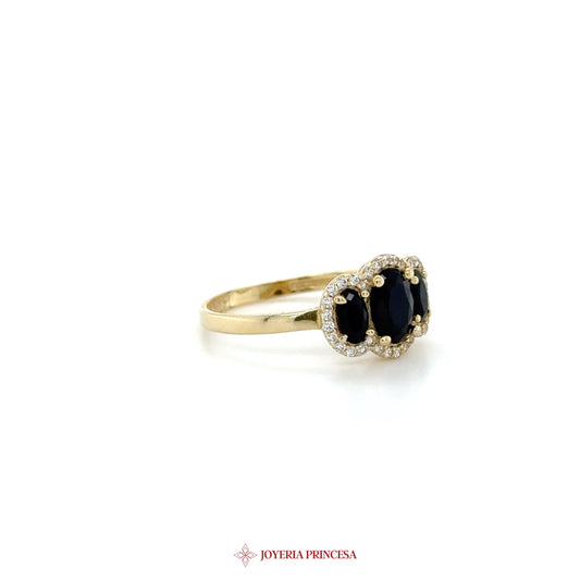 14K Gold Triple Oval Black Stone Ring
