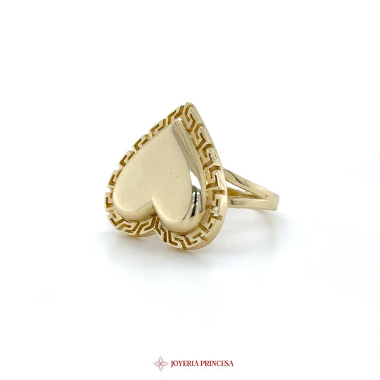 14K Gold Heart Shaped Ring with Greek Key Design