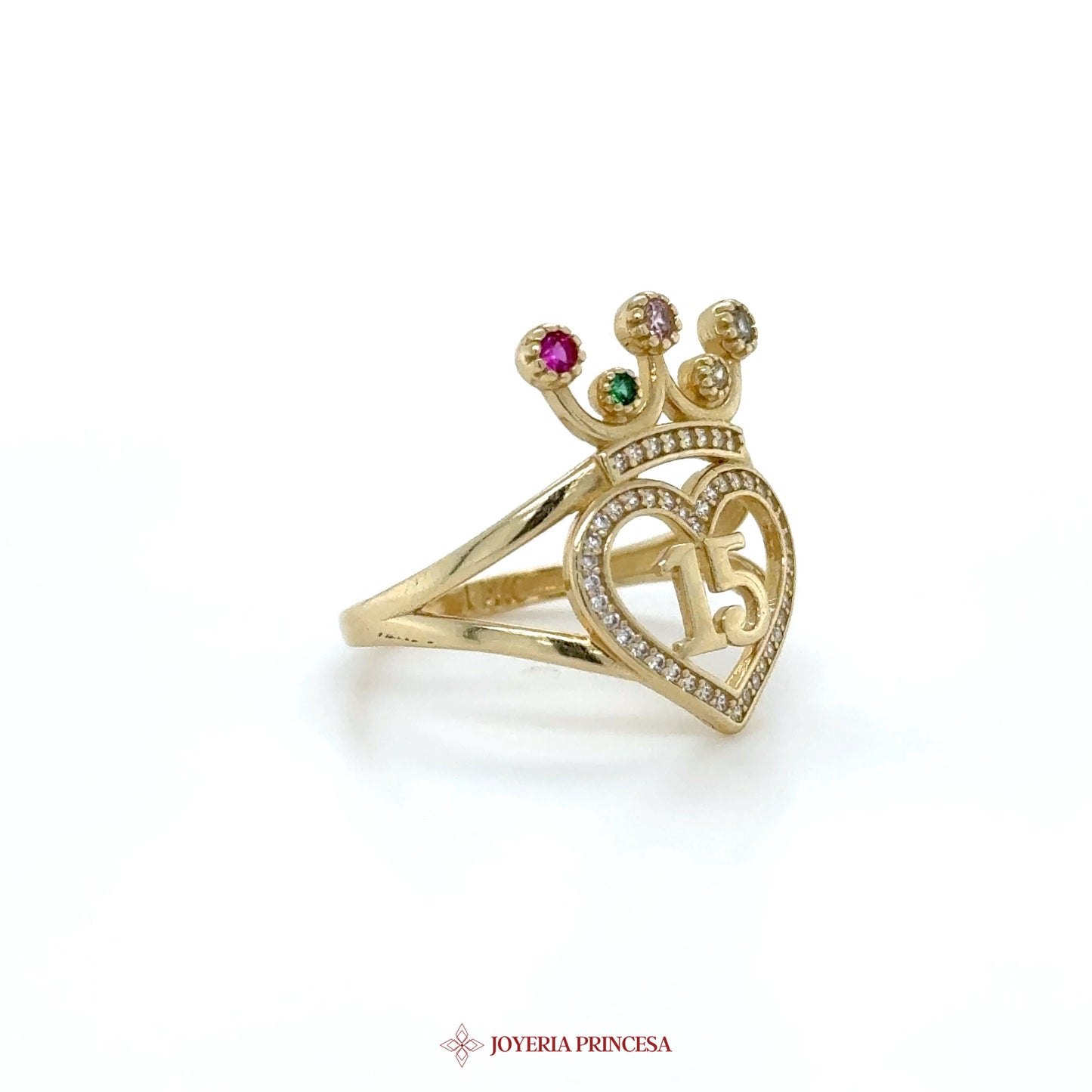14K Gold Crown Heart Ring with Colorful Stones