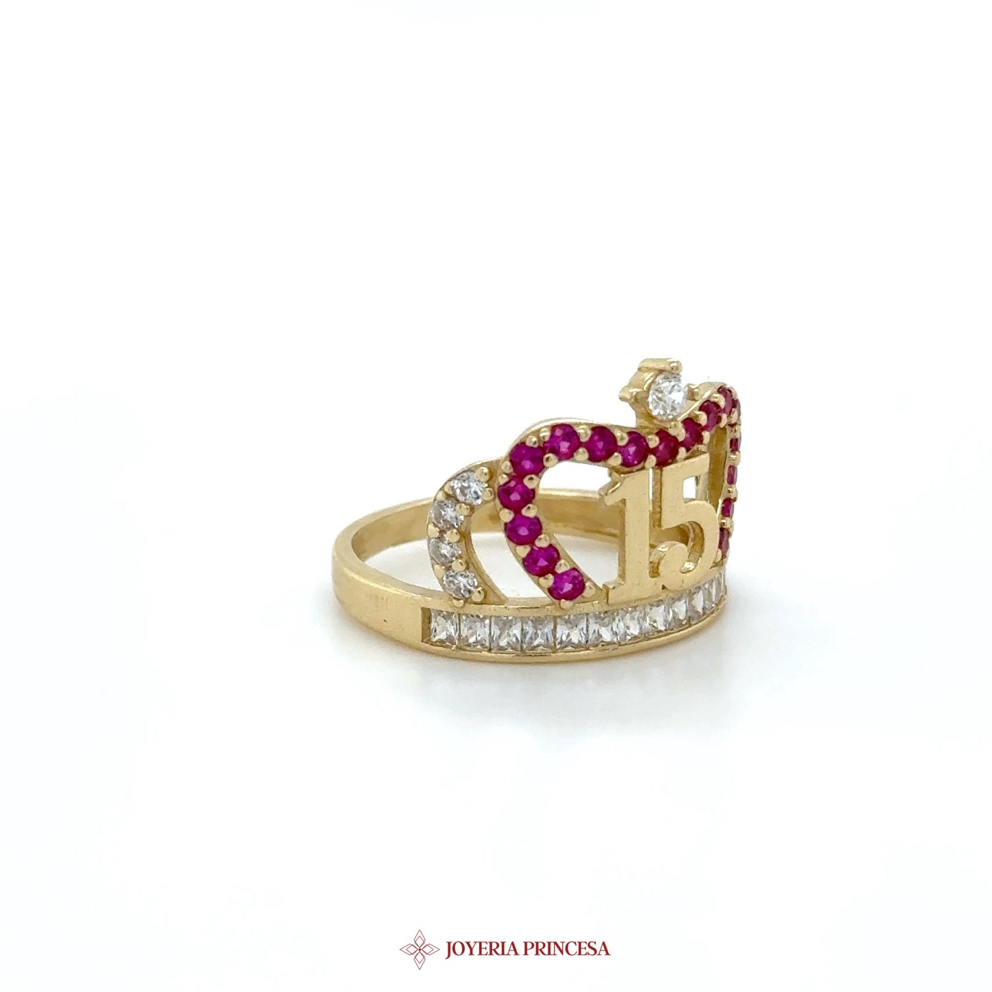 14K Gold Crown Ring with Ruby and CZ Stones