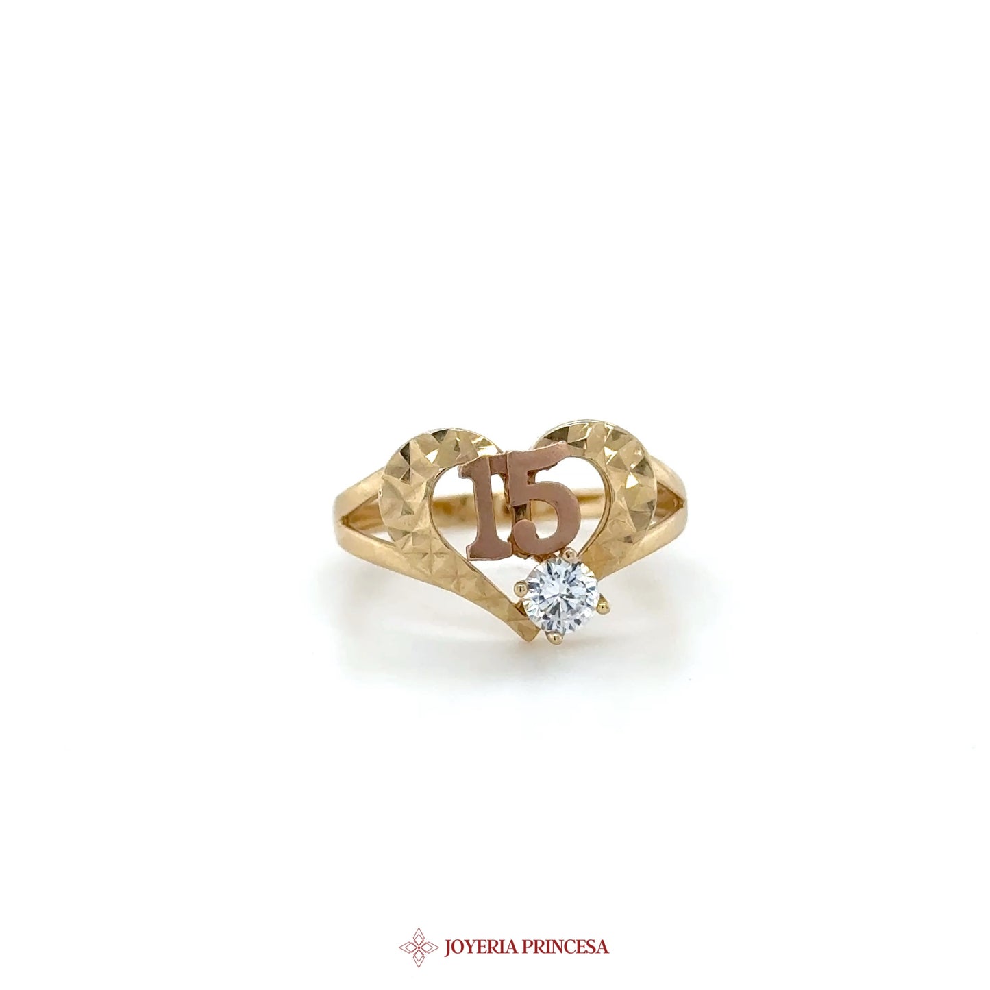 14K Gold Heart Motif Ring with CZ Stone