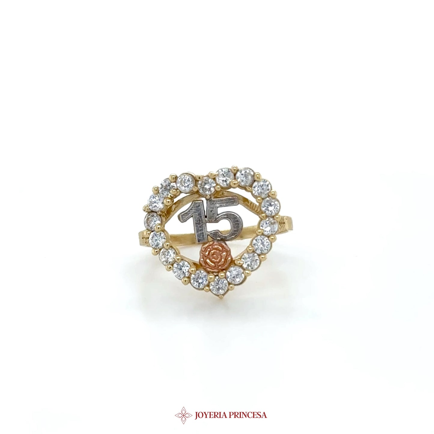 14K Heart-Shaped 15th Birthday Ring with CZ Stones
