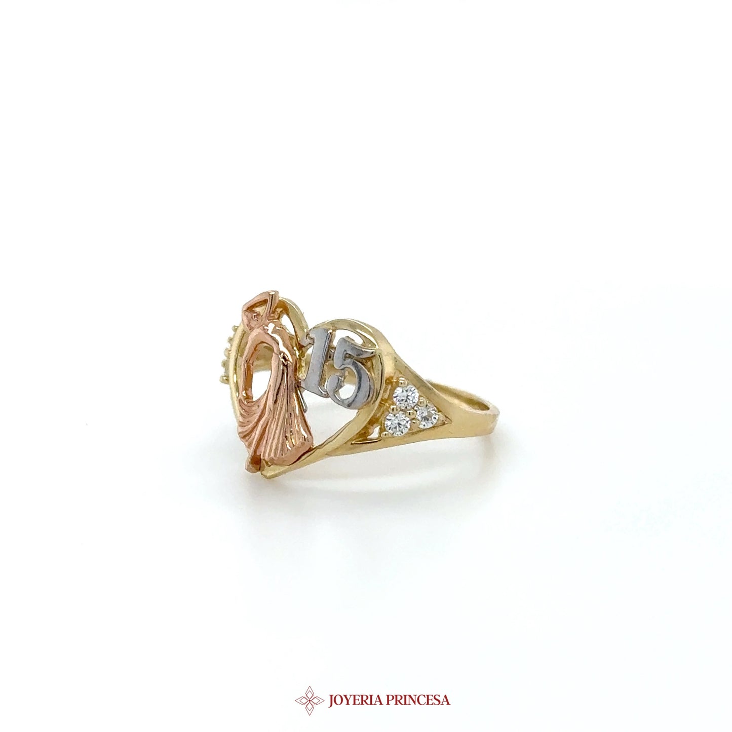 14K Gold 15th Birthday Ring with Heart Motif and Stones