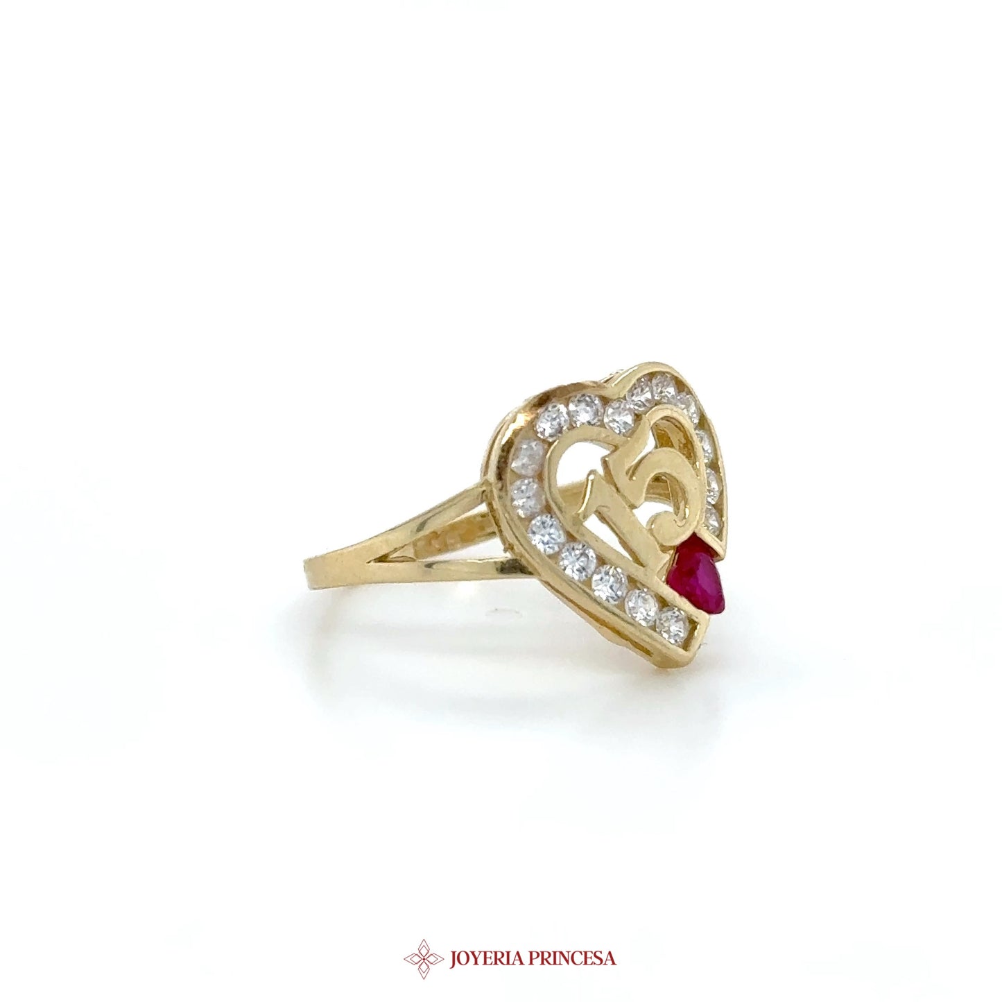 14K Gold Heart-Shaped Ring with Ruby and CZ Stones