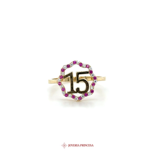 14K Gold Number 15 Ring with Pink Stones