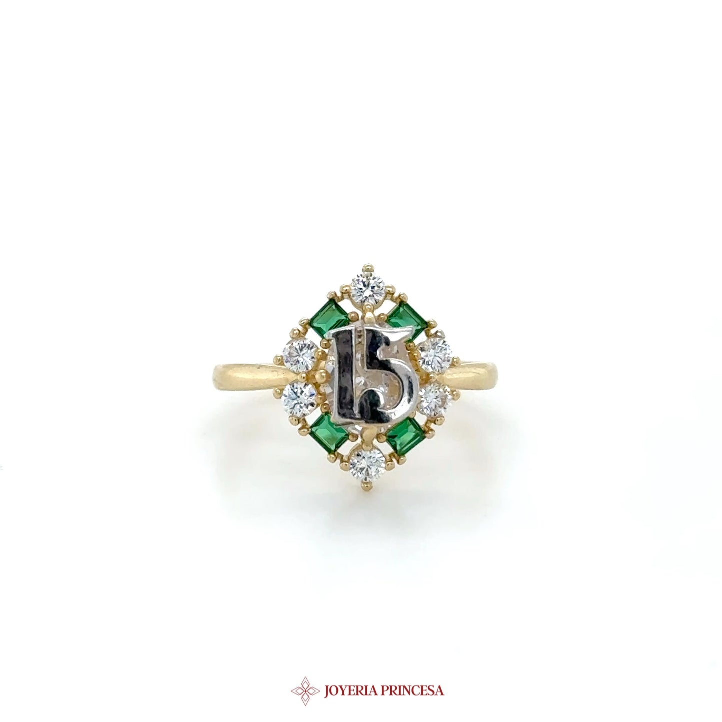 14K Gold Emerald and CZ Motif Ring with Number 15