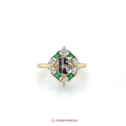 14K Gold Emerald and CZ Motif Ring with Number 15