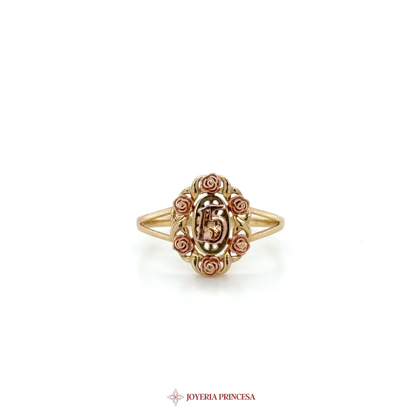14K Gold Floral Initial Ring with Simulated Stones