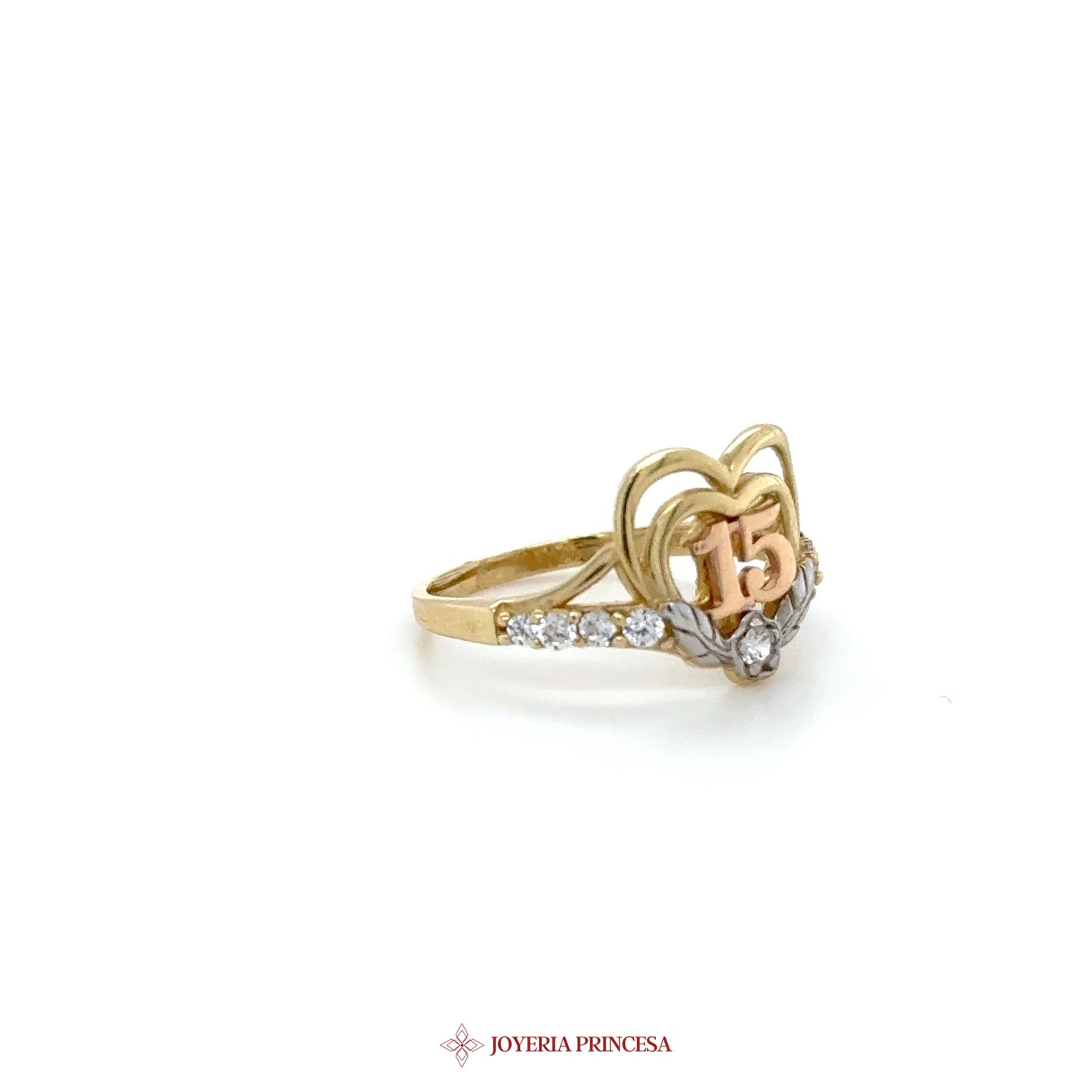 14K Gold Heart-Shaped 15 Ring with CZ Stones