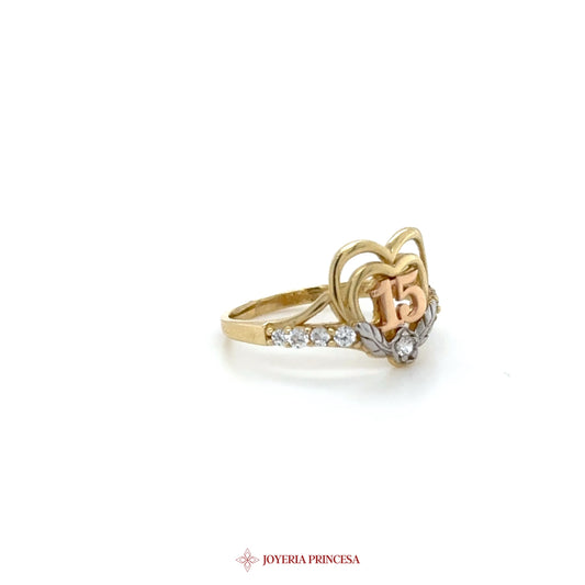 14K Gold Heart-Shaped 15 Ring with CZ Stones
