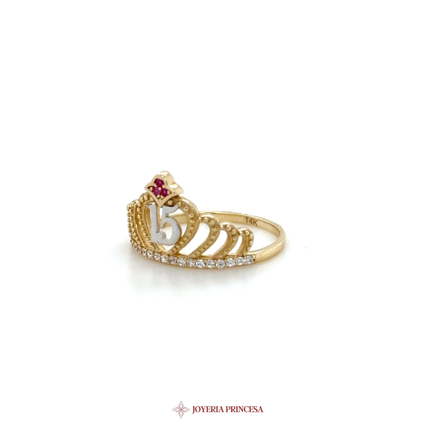 14K Gold Crown Motif Ring with Red & Clear CZ Stones