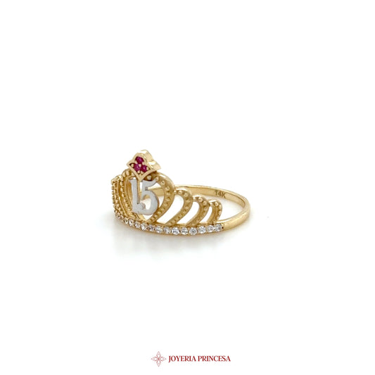 14K Gold Crown Motif Ring with Red & Clear CZ Stones