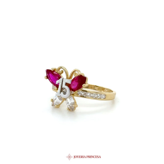 14K Gold Quinceanera Butterfly Ring with Ruby and CZ Stones (UN-1509)