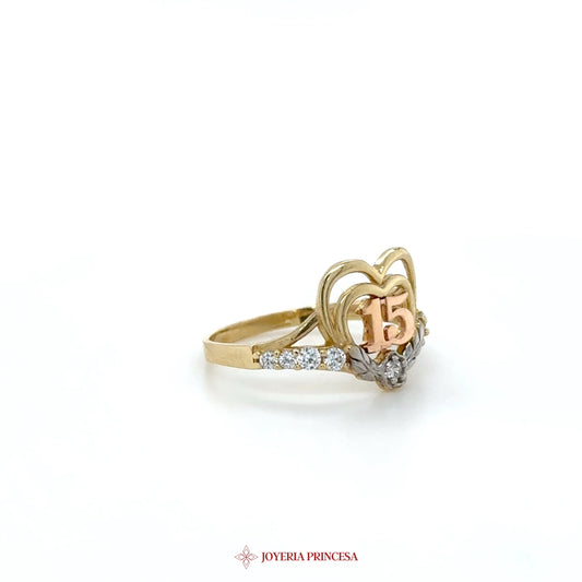 14K Gold Heart Ring with 15 and Simulated Stones