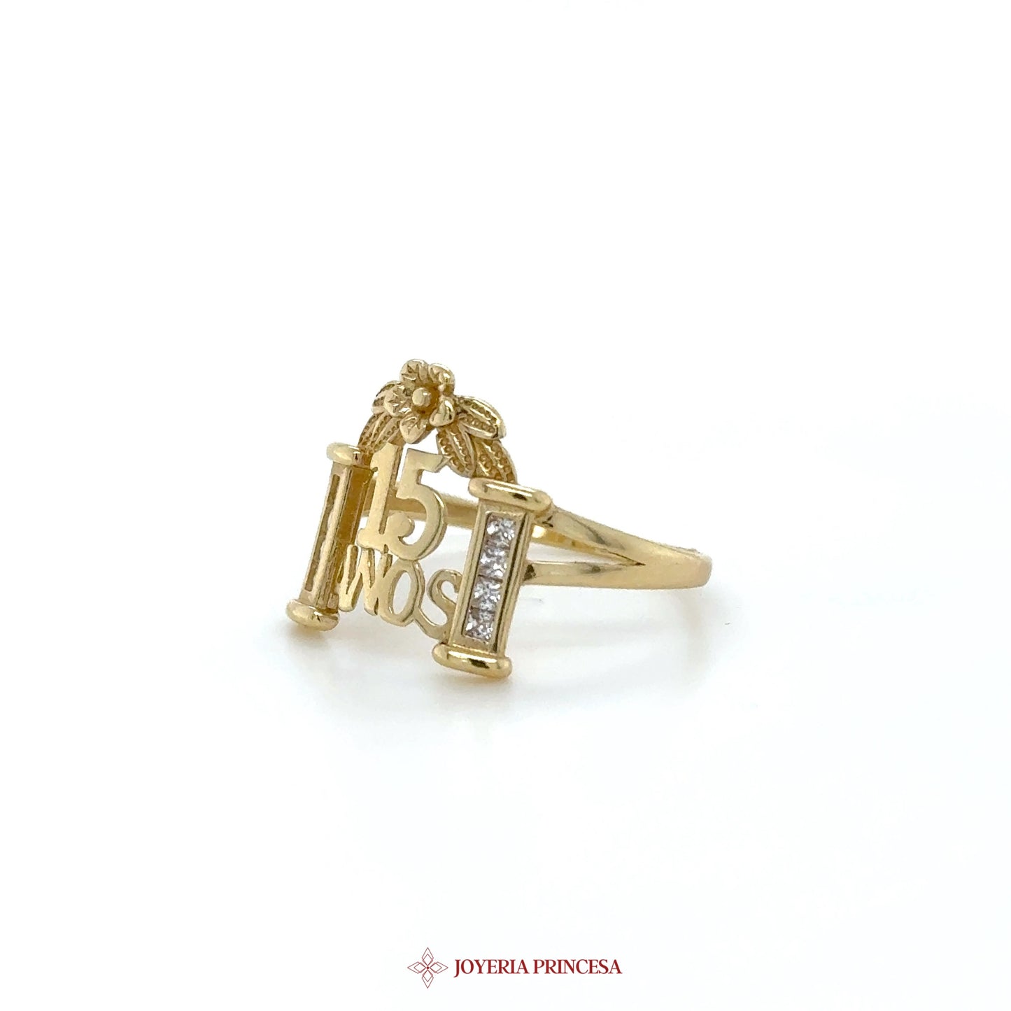 14K Gold Floral Initial Ring with CZ Stones
