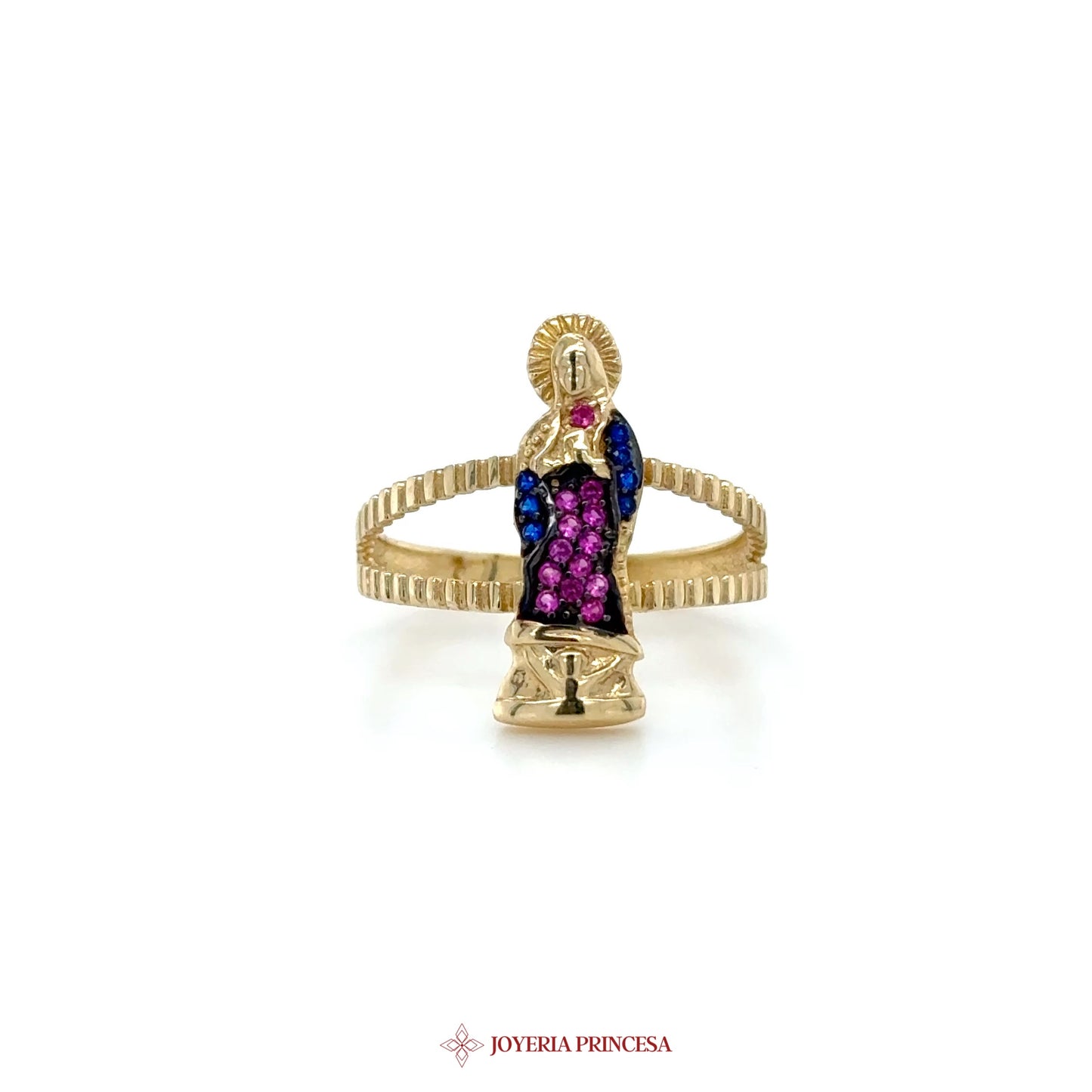 14K Gold Religious Motif Ring with Colored Stones