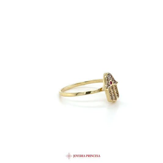 14K Gold Hamsa Ring with Red Stones