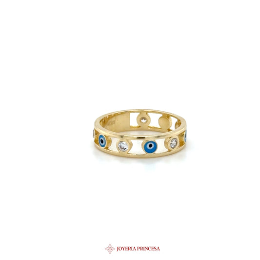 14K Gold Evil Eye Band Ring with Blue and Clear Stones