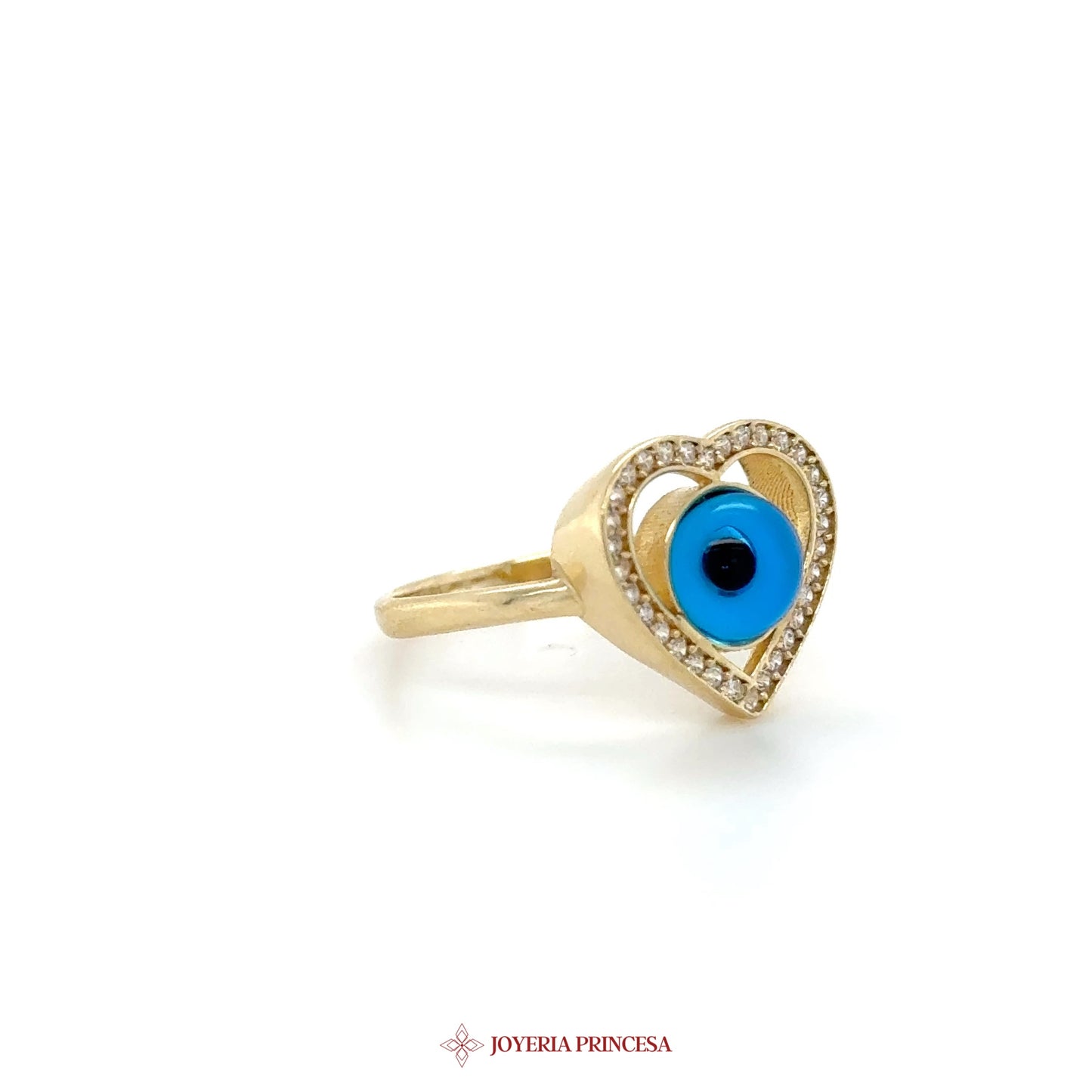 14K Gold Heart Ring with Blue Eye and CZ Stones