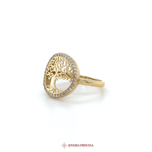 14K Gold Tree of Life Ring with CZ Stones