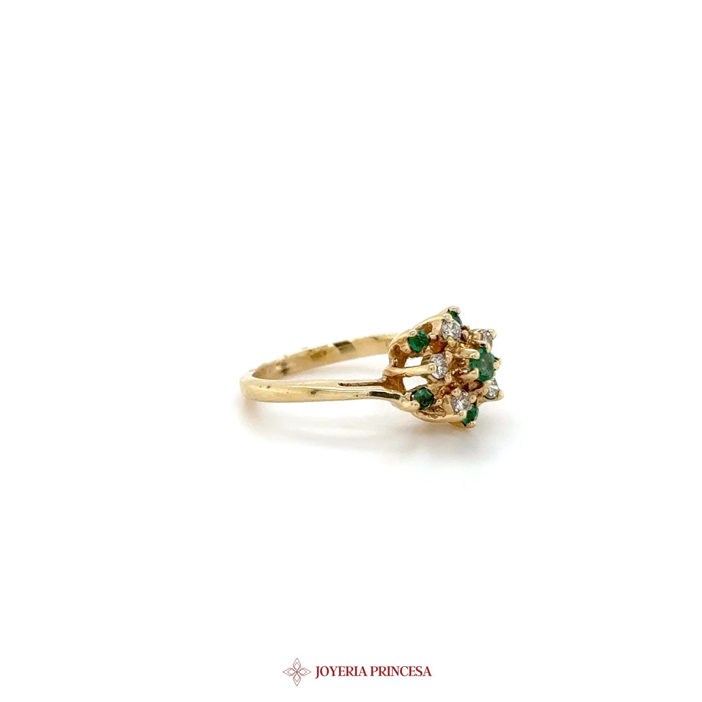 14K Gold Floral Cluster Ring with Green and Clear Stones