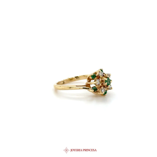14K Gold Floral Cluster Ring with Green and Clear Stones
