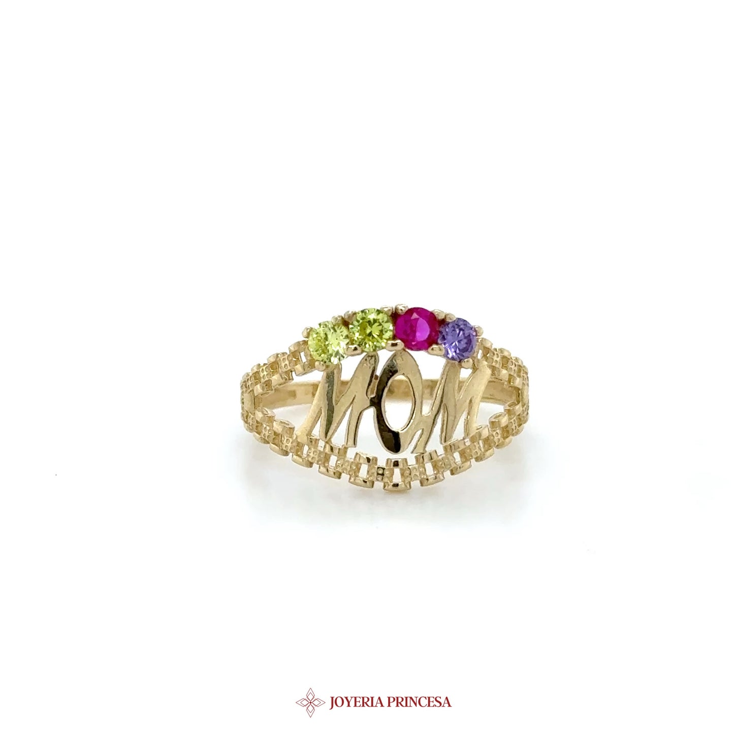 14K Gold 'Mom' Ring with Colorful Stones