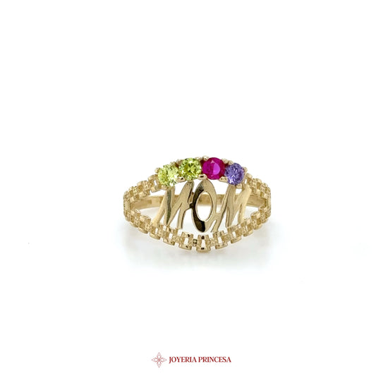 14K Gold 'Mom' Ring with Colorful Stones