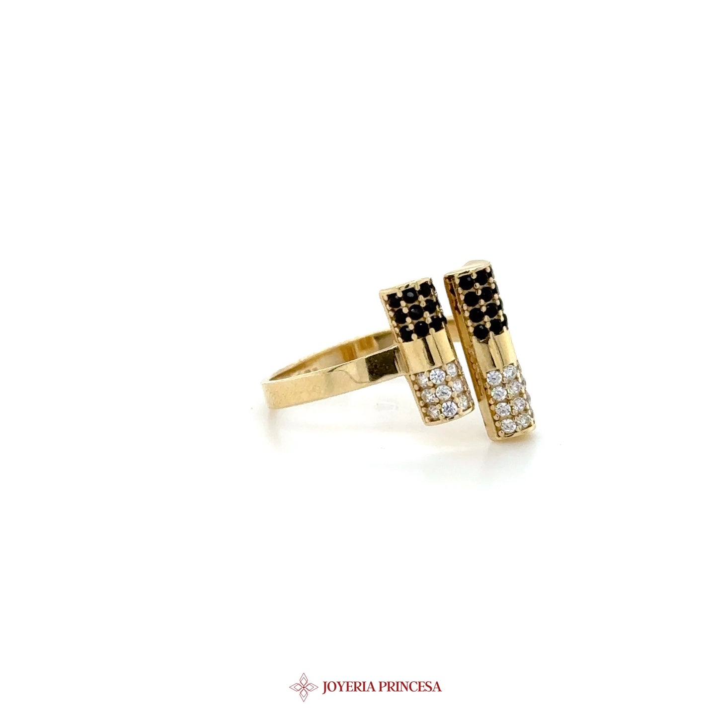 14K Gold Dual Bar Ring with Black and Clear Stones