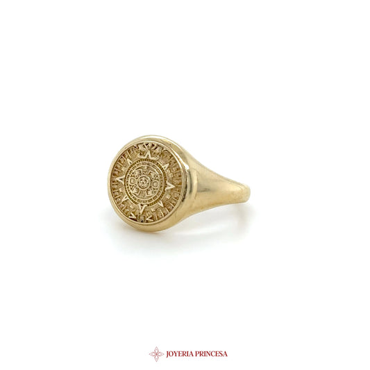 14K Gold Engraved Signet Ring with Sun Motif