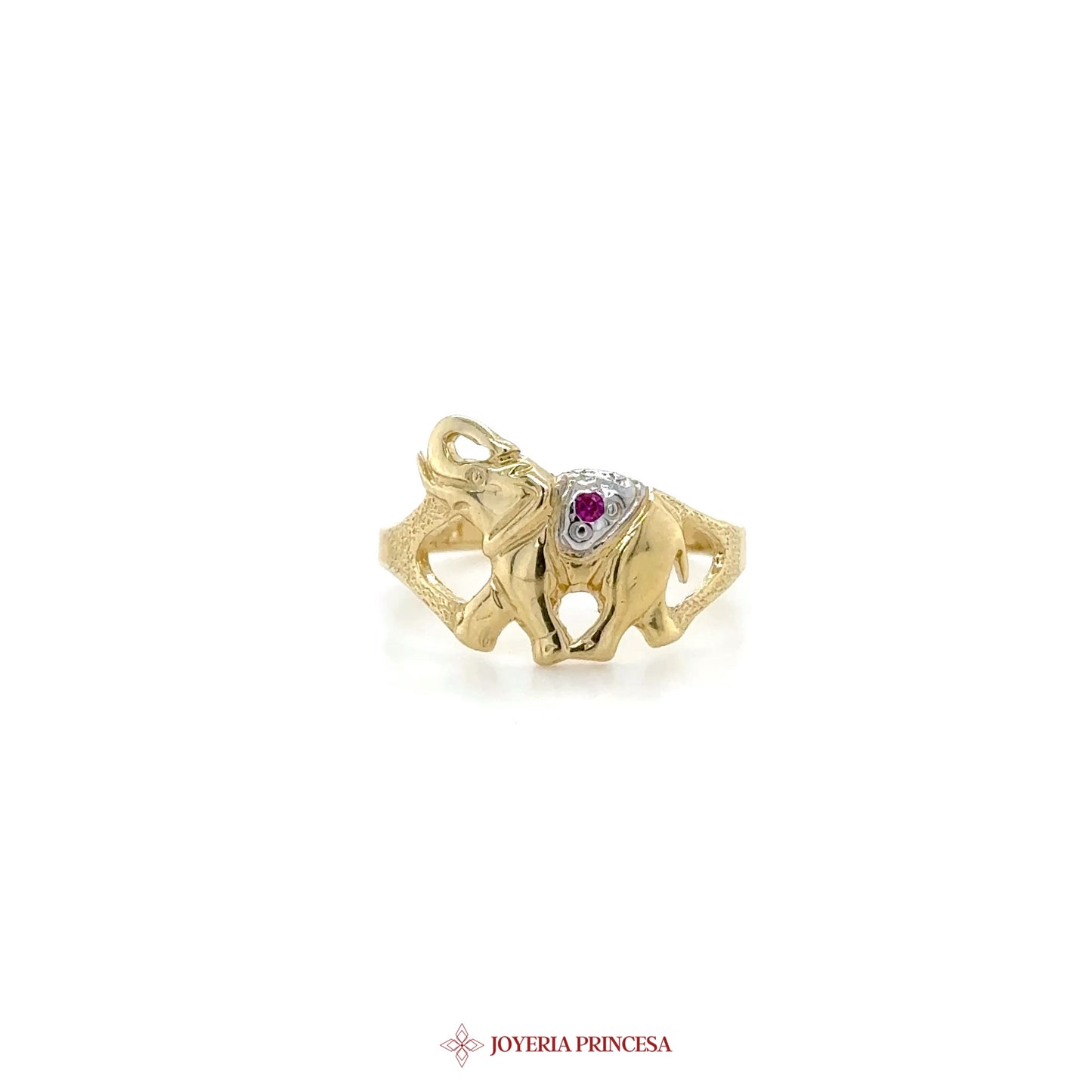14K Gold Elephant Motif Ring with Ruby and CZ