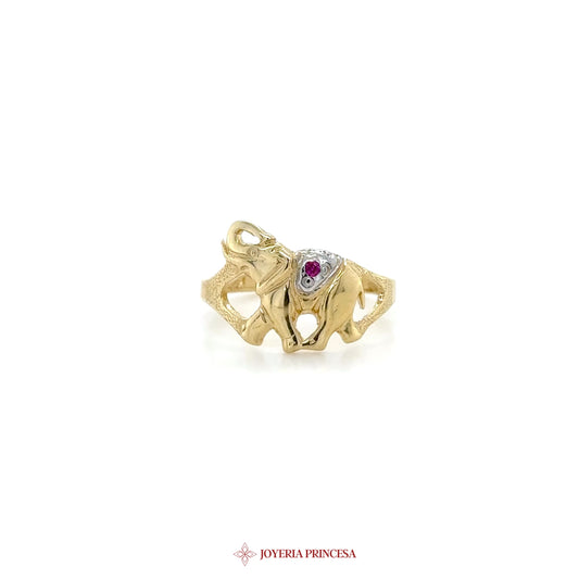 14K Gold Elephant Motif Ring with Ruby and CZ