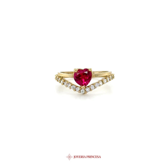 14K Heart-Shaped Ruby and CZ Accent Ring