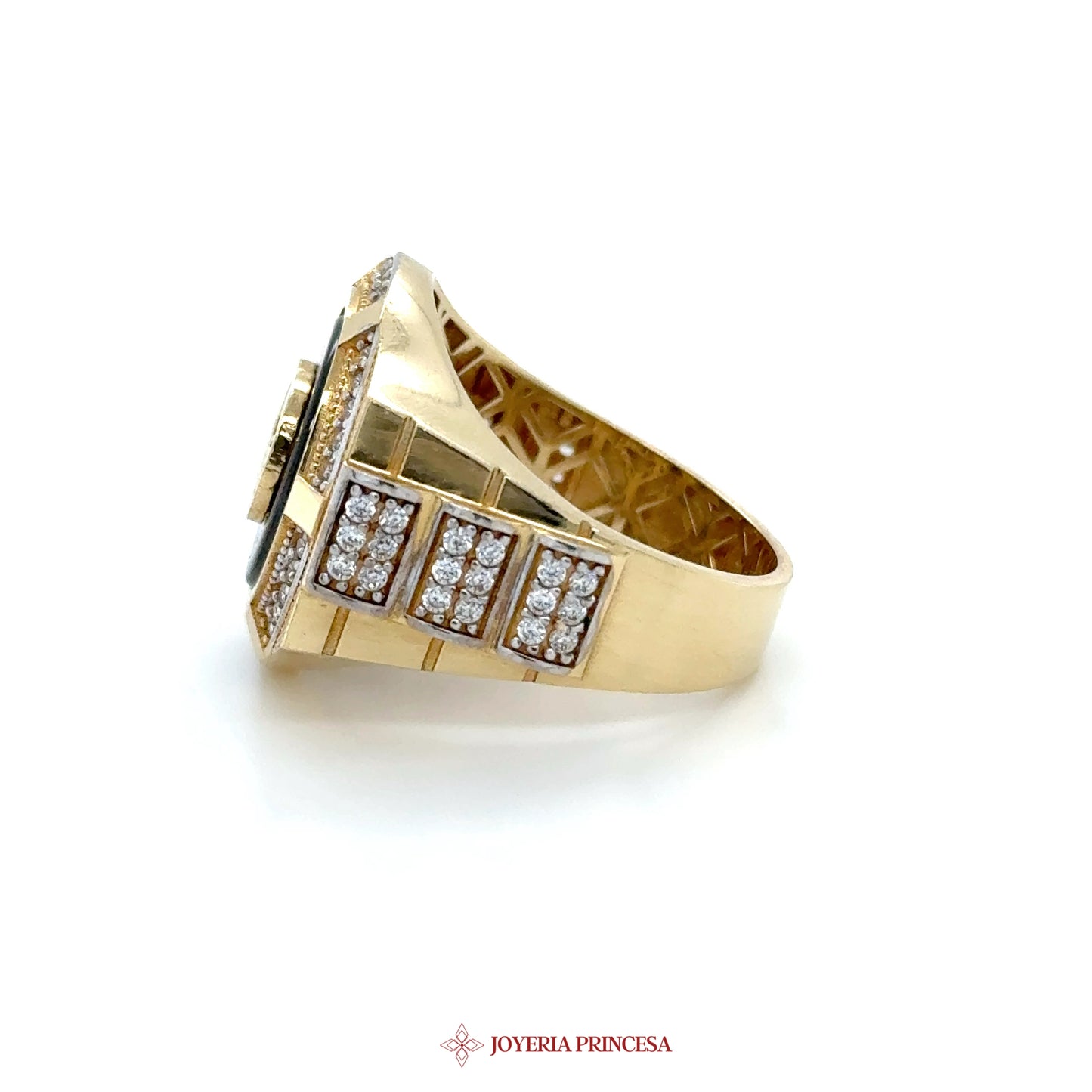 14K Yellow Gold Geometric Design Ring with CZ Stones