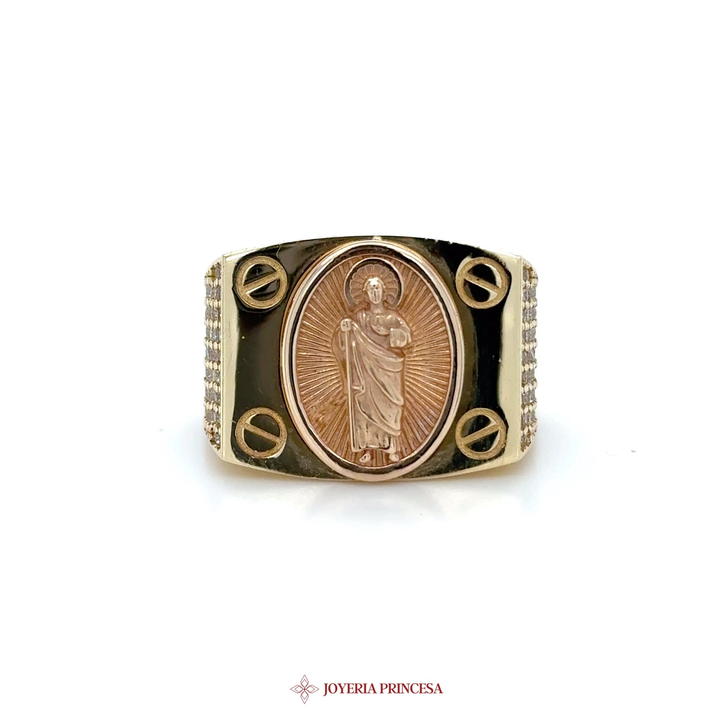 14K Gold Square Motif Ring with CZ Stones