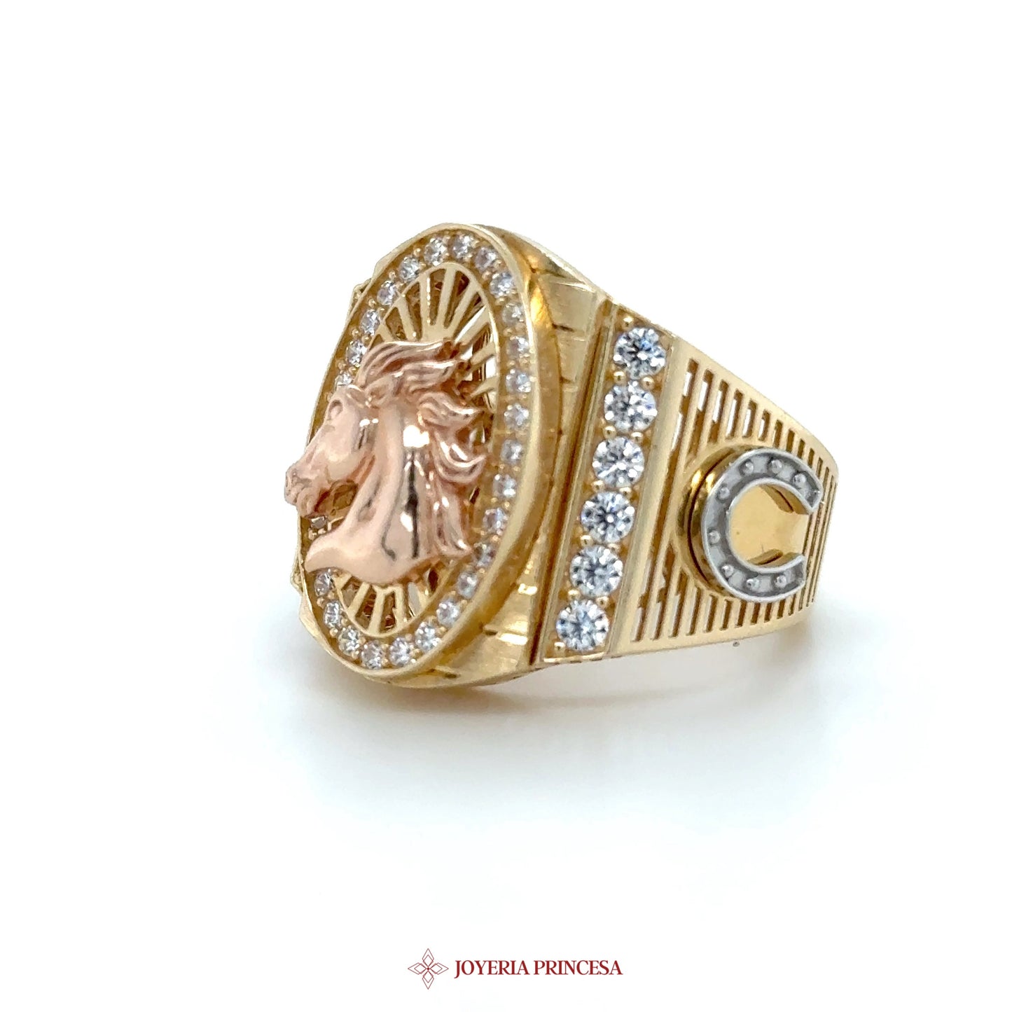 14K Gold Horse Motif Signet Ring with CZ Accents