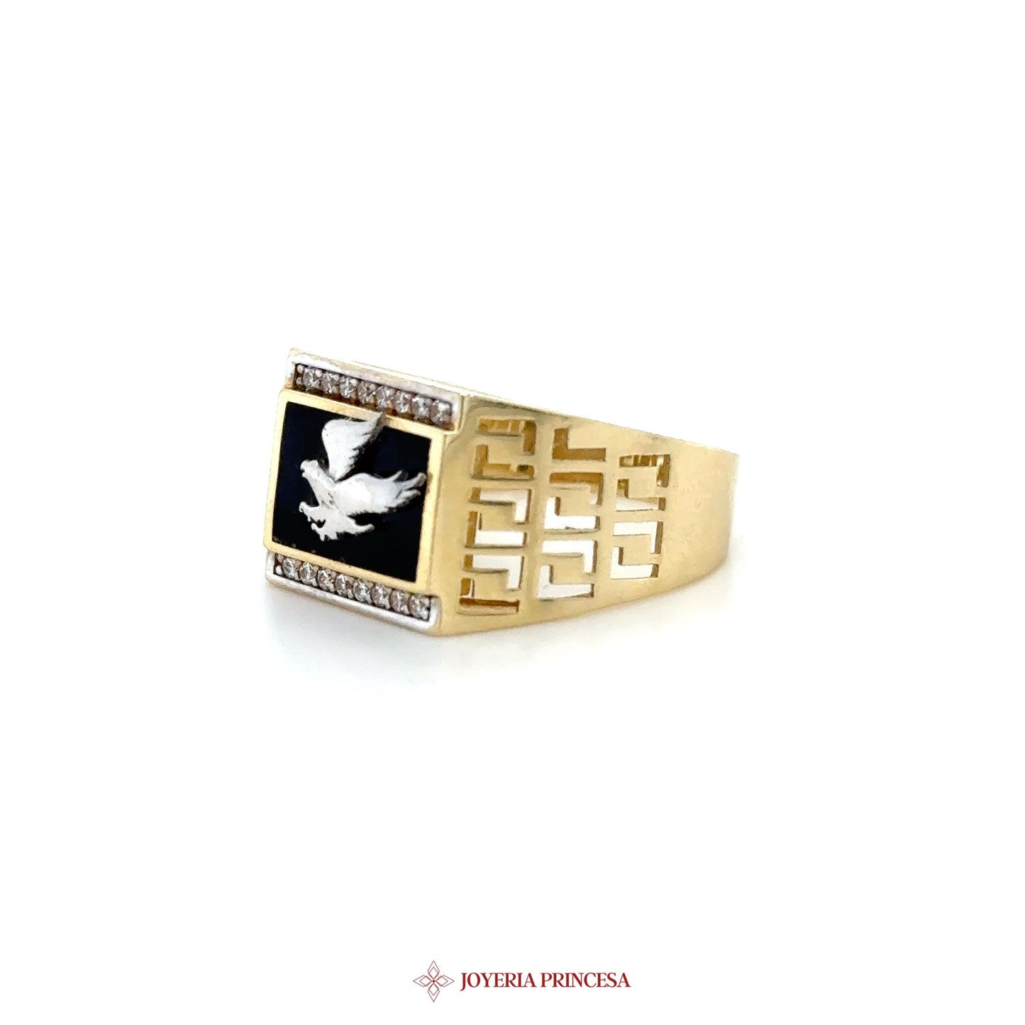 14K Gold Eagle Motif Signet Ring with CZ Accents