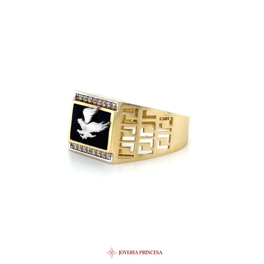 14K Gold Eagle Motif Signet Ring with CZ Accents