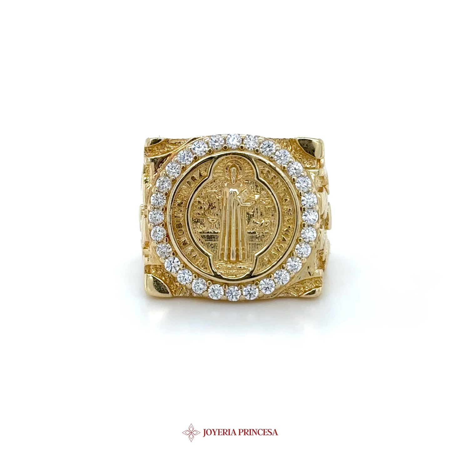 14K Gold Religious Medallion Ring with CZ Accents