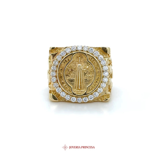 14K Gold Religious Medallion Ring with CZ Accents